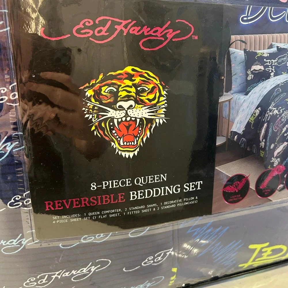 Ed Hardy Queen 8 Piece Reversible Bedding Set Tiger Tattoo Y2K New Sealed Navy